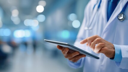 Doctor Reviewing Patient Test Results on Tablet in a Modern Medical Facility During a Consultation