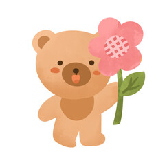 Bear holding flowers cute clipart elements hand drawn illustration 