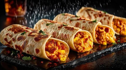 Delicious spicy burritos with fresh herbs and chili oil.