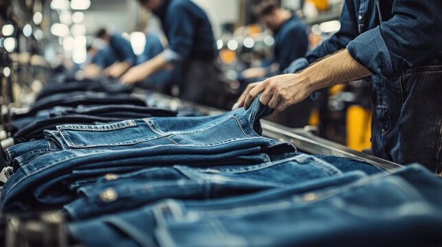 Workers assembling denim garments in a jean factory