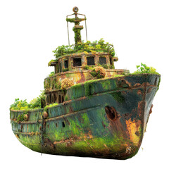 A rusty, abandoned ship overgrown with lush greenery and moss. transparent background