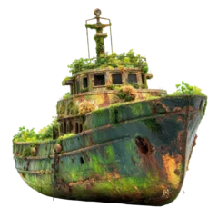 Fototapeten A rusty, abandoned ship overgrown with lush greenery and moss. transparent background © Hatoru