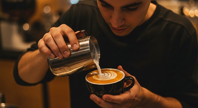 Barista pouring milk making latte art in coffee cup at cafe shop for coffee lovers and art fans alike