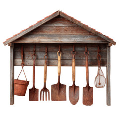 Rustic garden shed filled with gardening tools hanging neatly. transparent background