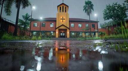 Obraz premium Rainy Day at a Tropical Church Yellow and Orange Building Reflected