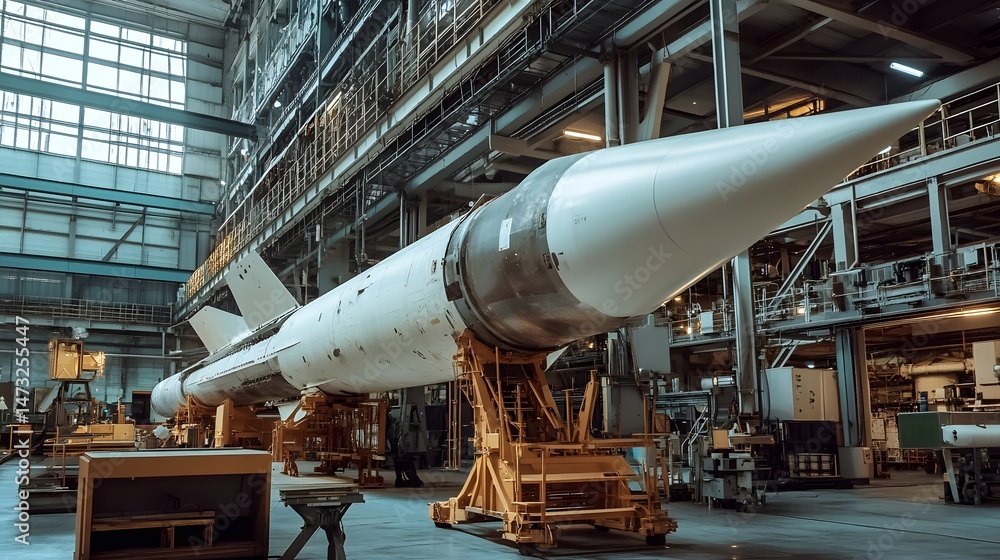 Poster a group of workers are working on a large rocket in a factory. scene is focused and serious, as the 