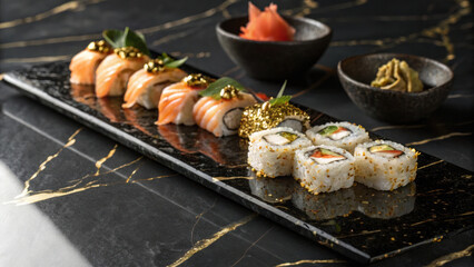 Luxurious sushi platter with assorted rolls, garnished with gold flakes, served on black marble tray with wasabi and pickled ginger