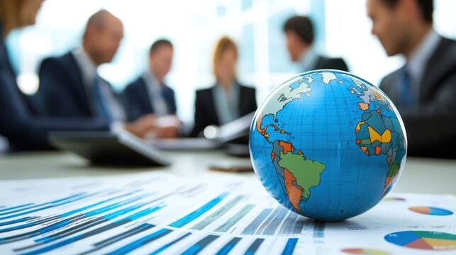 Business professionals discussing global investment strategies in a meeting.