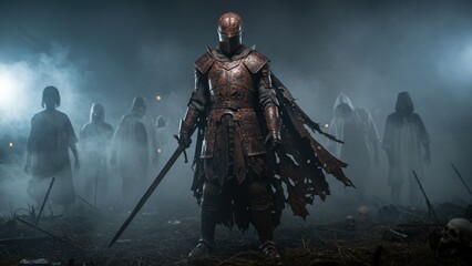 Naklejka premium Dark Knight in Rusty Armor Standing on Eerie Battlefield with Zombie Figures