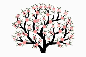 Stylized illustration of a blooming tree with pink blossoms and green leaves on white background