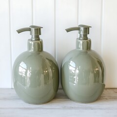 Obraz premium Pair of Contemporary Sage Green Ceramic Soap Dispensers on White Wood Surface