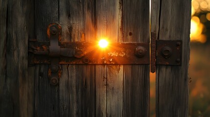 Sunset through weathered wooden gate