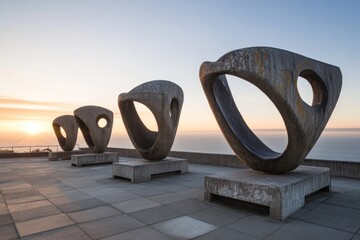 Three abstract stone sculptures at sunrise, overlooking a calm ocean