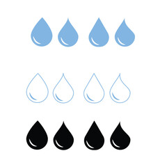 Water drops icons set. Water drop shape. Blue and black water drops. Vector scalable graphics.