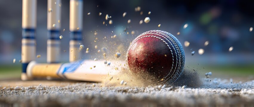 Cricket ball striking the stumps with dust flying.