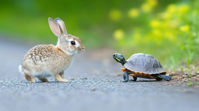 The Great Race: A Hare Challenges a Turtle on a Picturesque Road amidst Greenery