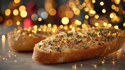 Delicious garlic bread with herbs and spices, warm and inviting.