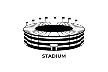 Simple black and white vector illustration of a modern stadium with flags and text