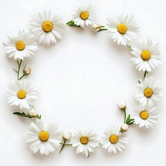 Obraz premium Daisies Floral Arrangement Wreath: Nature-Inspired White Flowers with Yellow Centers and Green Leaves for Seasonal Spring Decor