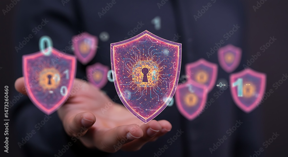 Poster cybersecurity protection shield safety digital data security network technology concept render illus