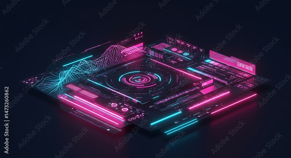 Poster futuristic interface neon glow digital dashboard technology data visualization abstract design artwo