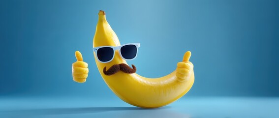 Banana with sunglasses and mustache gives thumbs up.