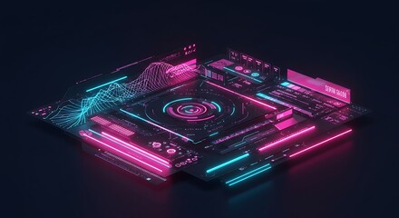 Futuristic interface neon glow digital dashboard technology data visualization abstract design artwork