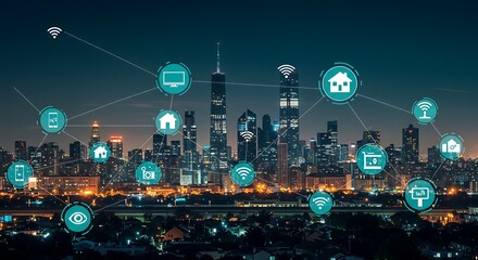 Smart city technology concept with iot and digital network connections over cityscape at night