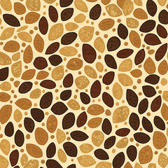 Scattered almond-shaped elements in brown and beige tones on a pale yellow background forming a seamless pattern