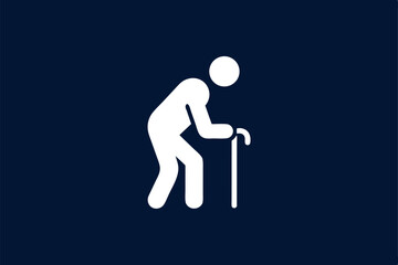 Silhouette icon of an elderly person walking with a cane on a dark blue background