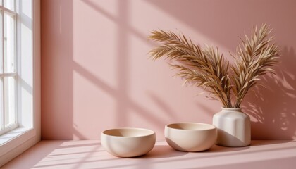 Minimalist Interior Decoration with Neutral Colored Bowls and Dried Flower Arrangement on Pink Wall