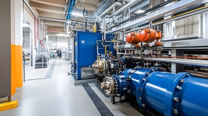 A large industrial space with a lot of machinery and pipes. The room is dimly lit and has a sense of industrialization