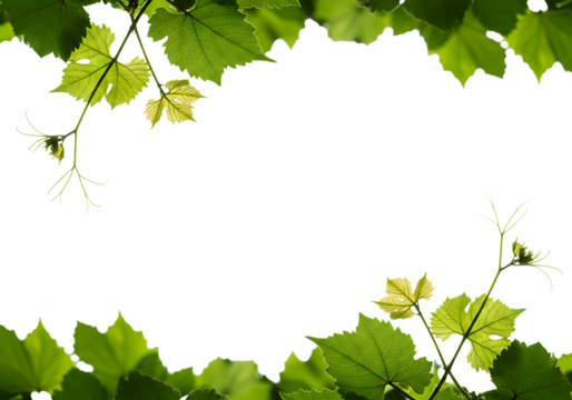Grape vine leaves frame design on white background on transparent background - Powered by Adobe