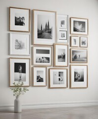 Stylish gallery wall mockup  White background, diverse frames ,  frames,  rustic