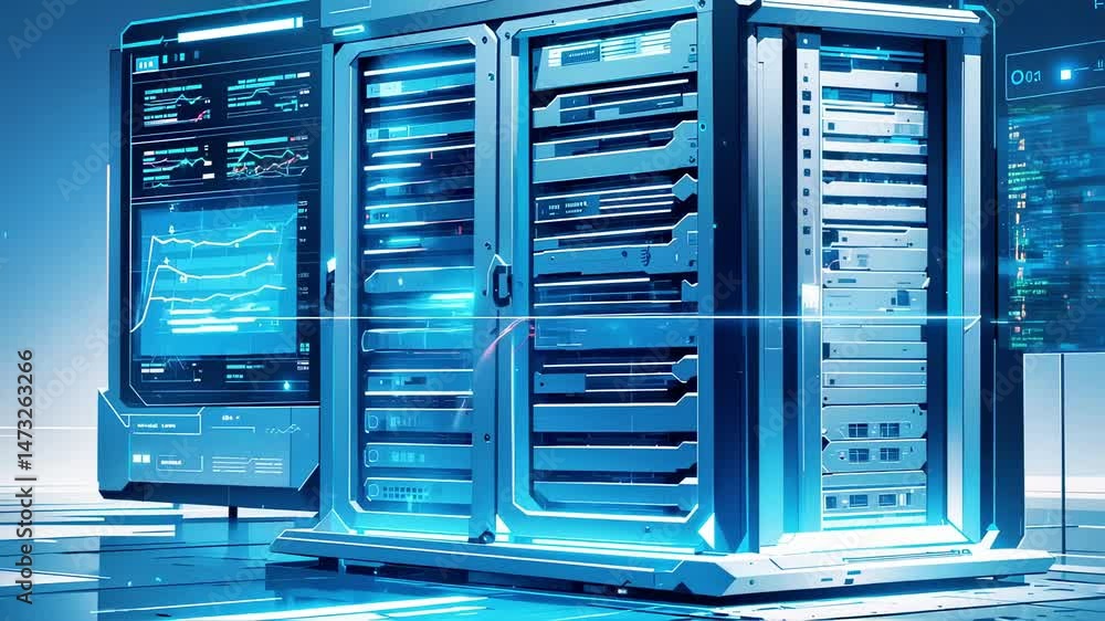 Poster Futuristic Data Center Servers Displaying Real-Time Information and Data Flow