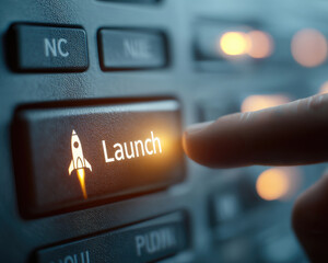 Finger about to press illuminated "Launch" button with rocket icon