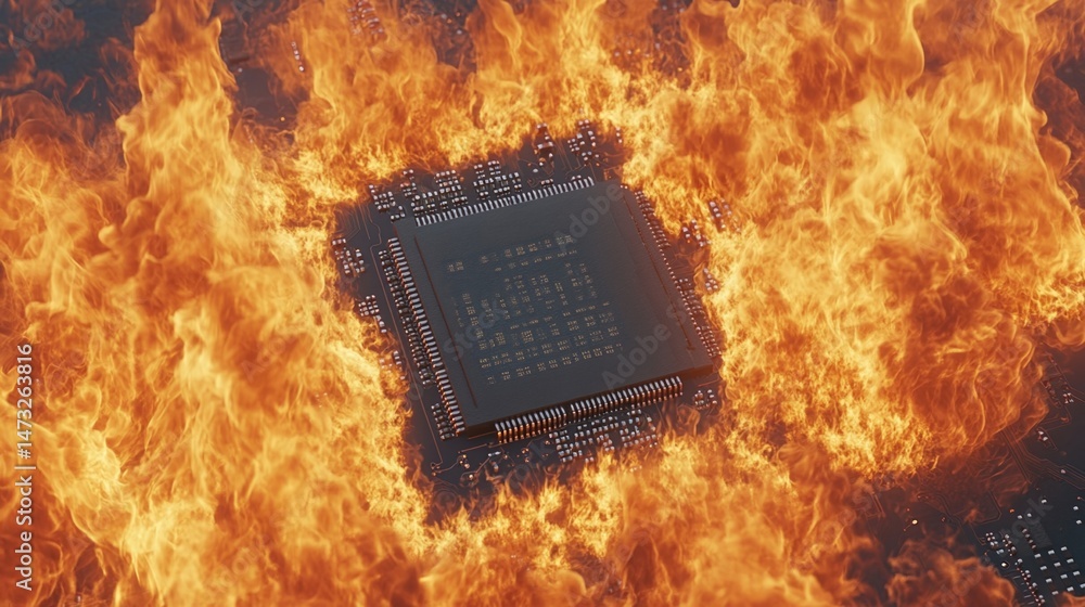 Poster a computer microchip surrounded by intense flames, suggesting overheating or hardware failure.