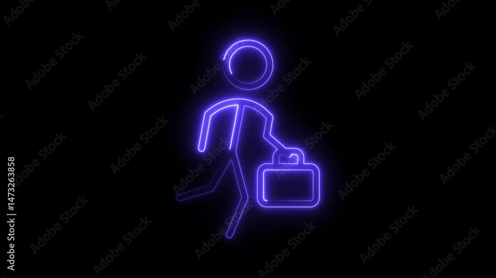 Poster neon business man with briefcase running abstract animation on black background