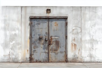 Rusty Gray Metal Double Door On White Textured Wall Exterior Scene Industrial Setting Doorway Urban Backdrop Aged Metal Door
