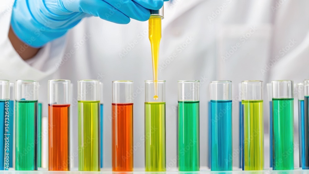 Poster a scientist is adding a yellow liquid to test tubes filled with colorful solutions, showcasing a lab