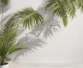 Obraz premium Crisp shadow of palm fronds on bright white wall, tropical ambiance, tropical, design element
