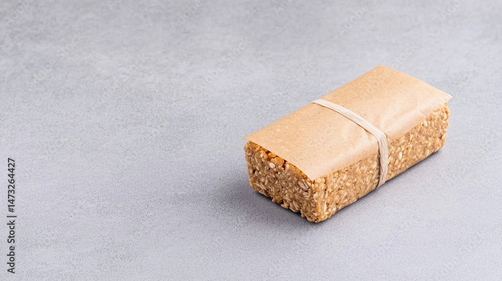 Poster a granola bar wrapped in brown paper and tied with string sits on a gray surface.
