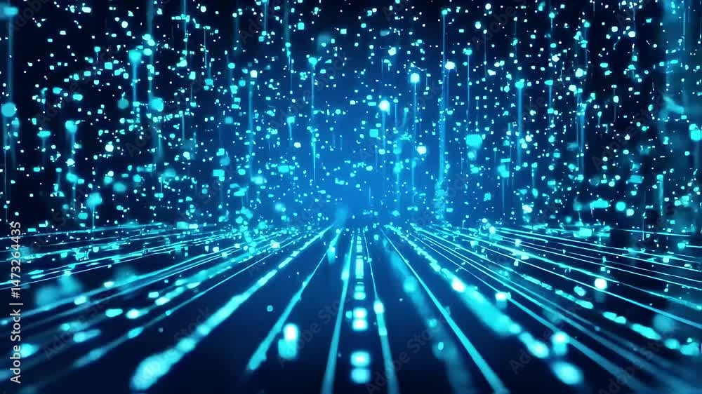 Poster abstract digital data flow: glowing blue lines and particles animation