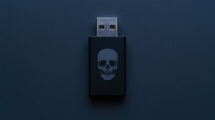 Black USB flash drive with a skull symbol, suggesting cyber danger or malicious software, on a dark background.