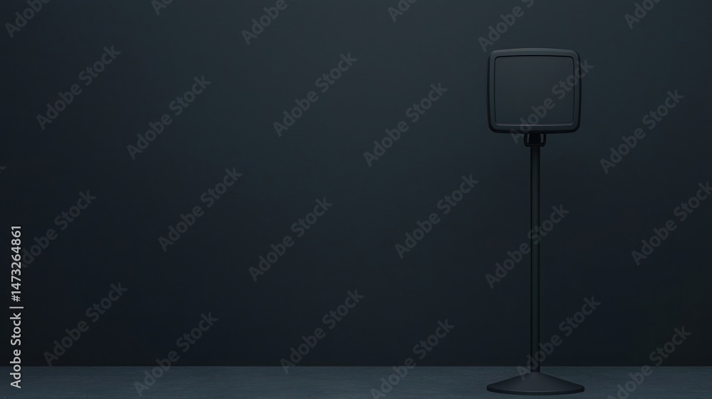 Poster a single black speaker on a stand is placed against a dark, minimalist background, creating a modern