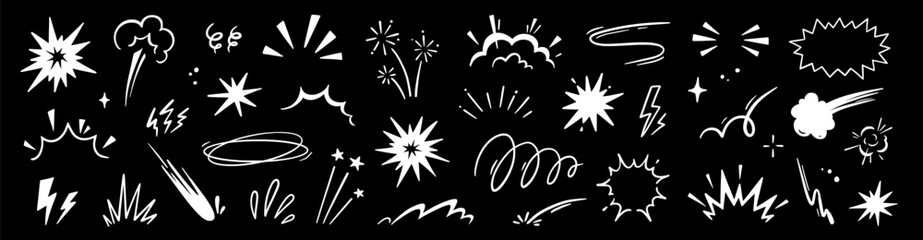 Line speed cartoon effect, boom explosive motion line element set. Comic boom burst, explosive smoke, line speed cartoon vector icon. Hand drawn sketch doodle action effect. Vector illustration