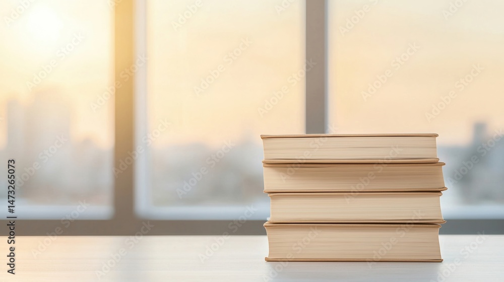 Poster a stack of books sits on a table by a window, with sunlight streaming in and a cityscape blurred in 