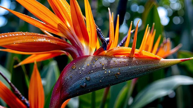 Vibrant bird of paradise flower in lush green background  