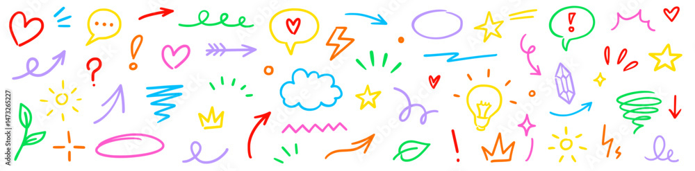 Poster Line marker hand color brush icon set. Arrow stroke sketch pencil underline drawn element colorful shape for text design. Hand drawn heart crown star symbol with playful doodle. Vector illustration