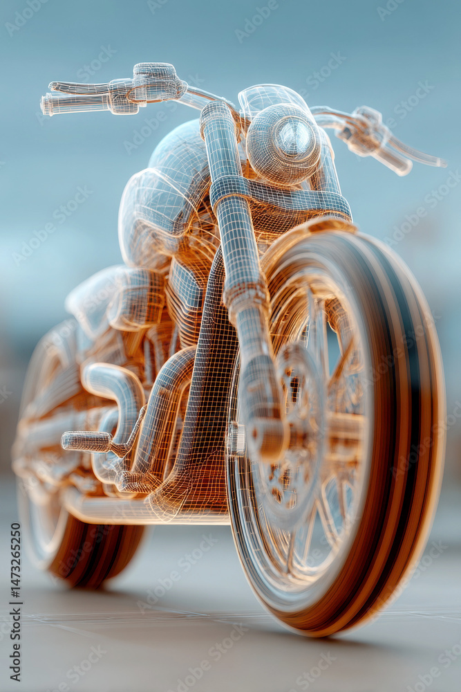 Poster a digital wireframe rendering of a motorcycle, showcasing dynamic design and advanced 3d modeling te